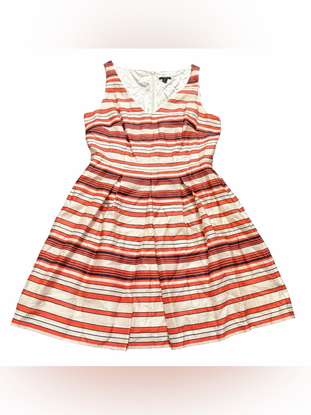 Ann Taylor Petite 6P Striped Fit & Flare Dress Coral Navy Ivory Pleated